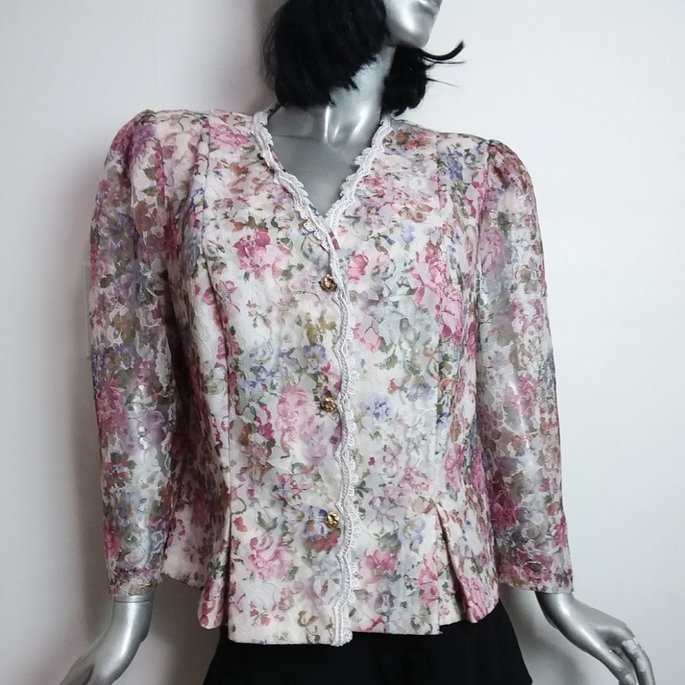 Risa Ann New York Vintage Blazer Sz Medium/Large Floral Lace Trim Gold Buttons